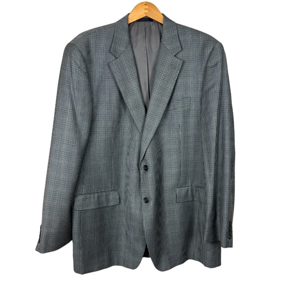 Chaps Sport Coat Blazer Jacket Mens 46L Gray Navy Houndstooth 2-Button Wool Silk